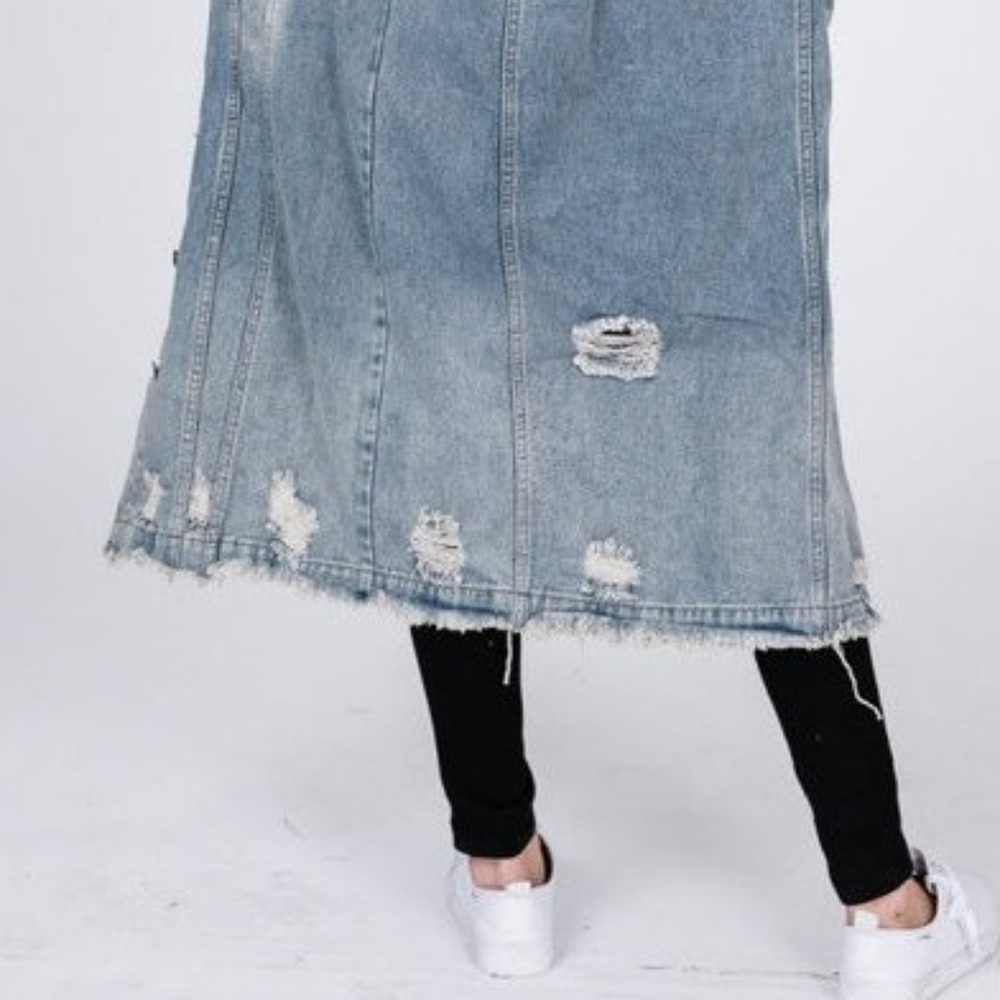 Destroyed Distressed Long Maxi Denim Jean Jacket - Picture 6 of 7